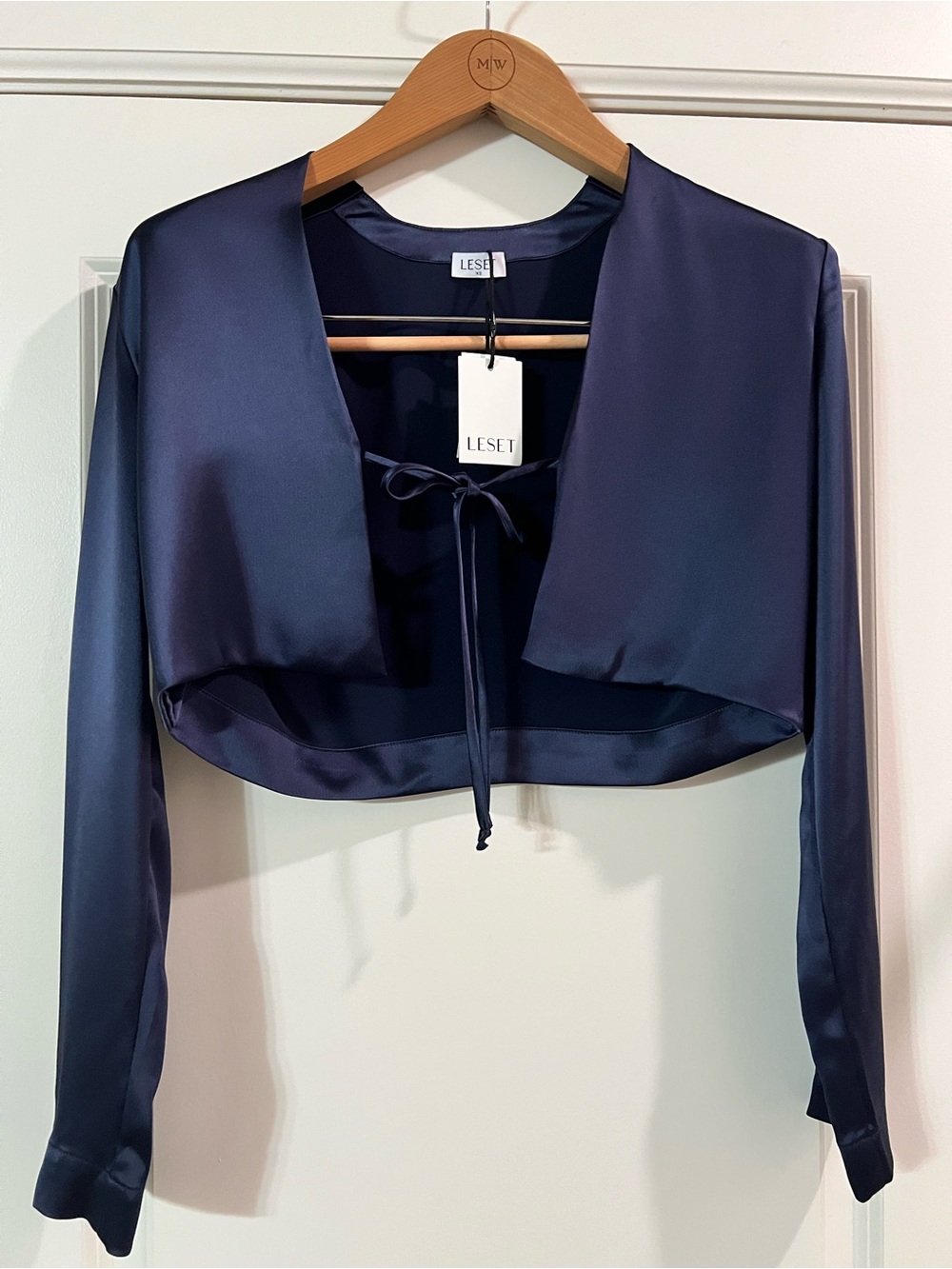 LESET Deep Navy Satin Cropped Bolero with Tie Front